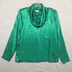 Vtg San Andre Sz 10 Christmas Green Satin Blouse Cowl Neck Shoulder Pads FLAWS